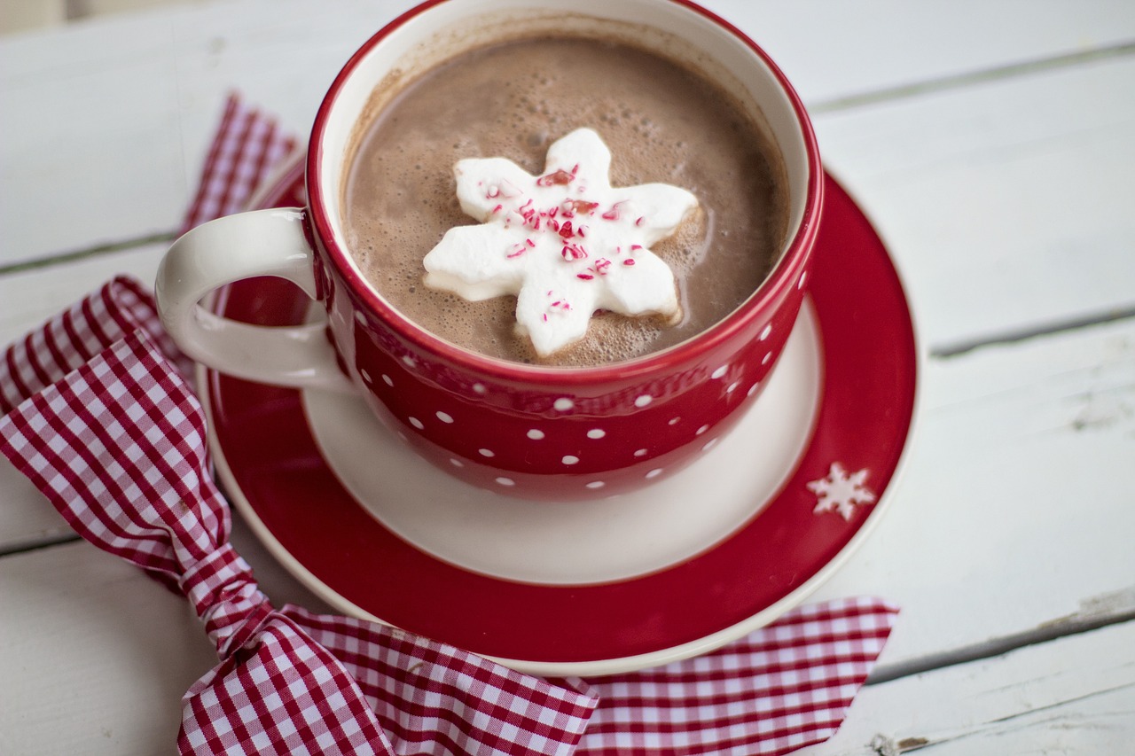 Hot chocolate in a red Christmas mug with floating flower marshmallow